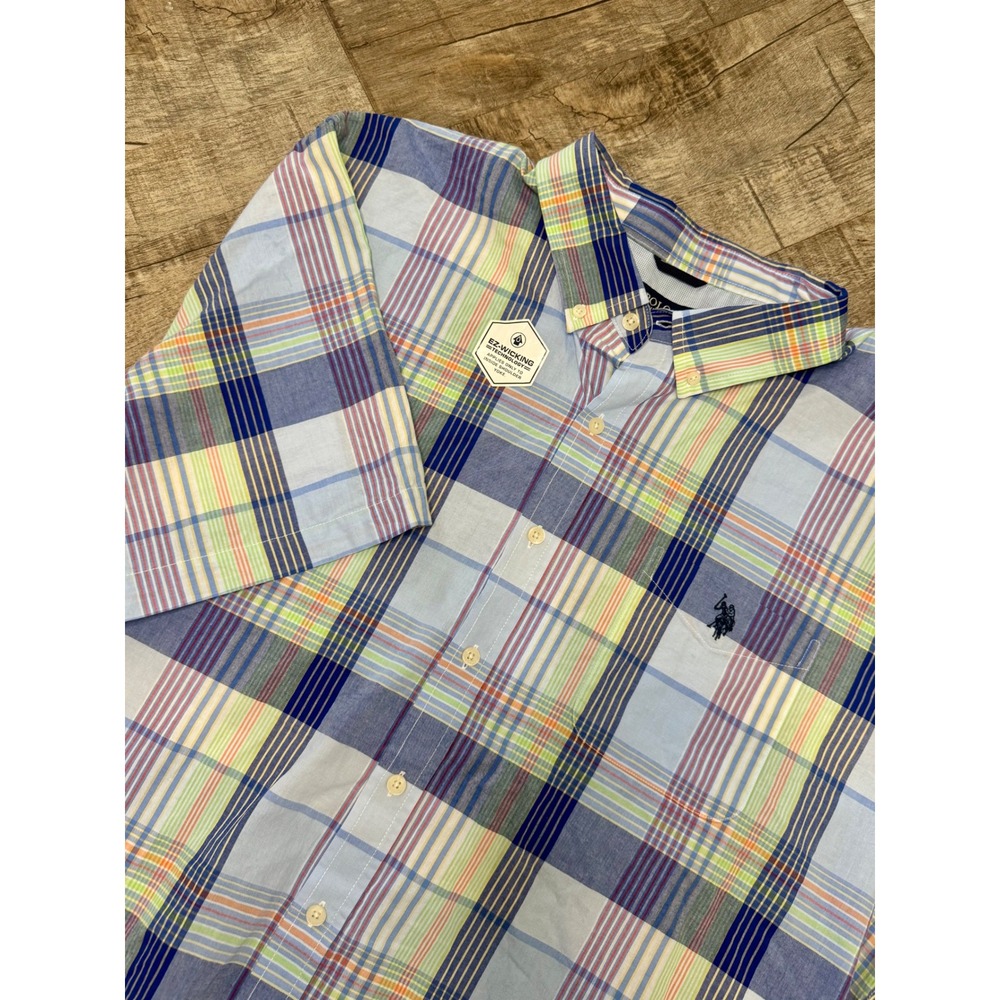 US Polo Assn Mens 3XL Shirt Short Sleeve Plaid Open Air Blue EZ-Wicking NWT